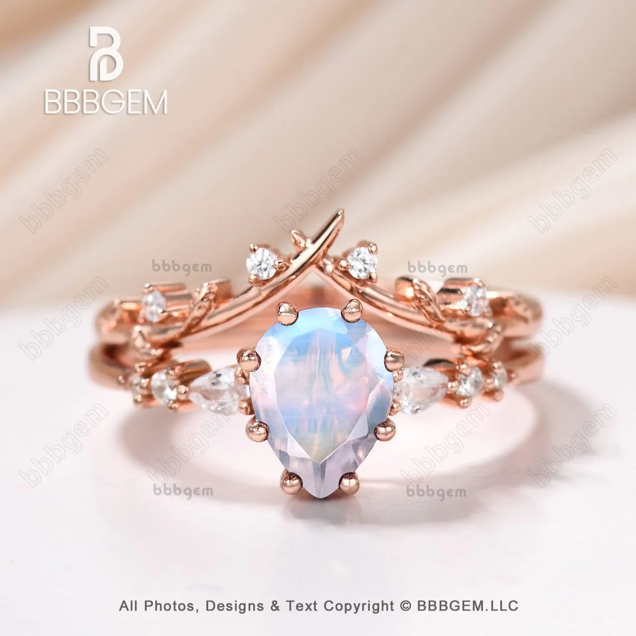 Pear cut Moonstone Moissanite Promise Ring Set Moissanite Leaf Stacking Band Women Nature Inspired