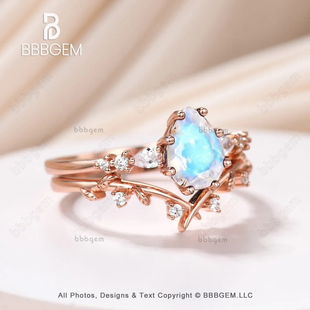 Pear cut Moonstone Moissanite Promise Ring Set Moissanite Leaf Stacking Band Women Nature Inspired