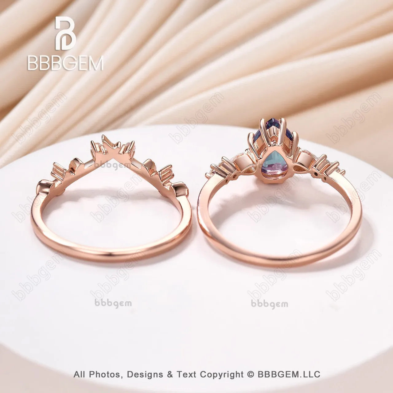 Pear cut Moonstone Moissanite Promise Ring Set Moissanite Leaf Stacking Band Women Nature Inspired