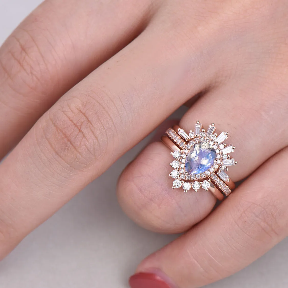 Pear Shaped Rainbow Moonstone Vintage Engagement Ring Wedding Set