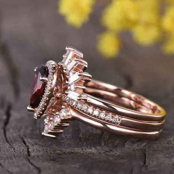 Pear Shaped Rainbow Moonstone Vintage Engagement Ring Wedding Set