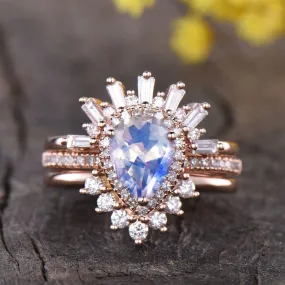 Pear Shaped Rainbow Moonstone Vintage Engagement Ring Wedding Set