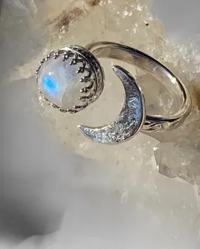 Rainbow Moonstone Crescent Moon Ring
