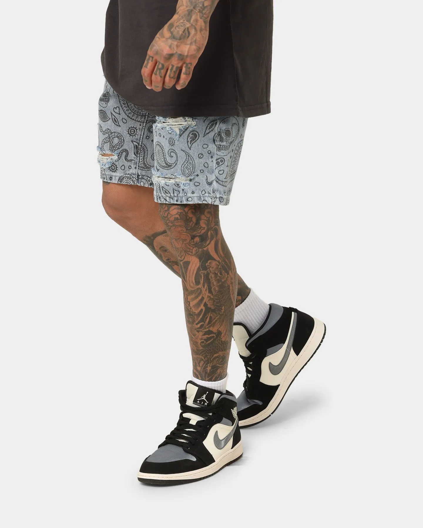 Saint Morta Paisley Skulls Denim Shorts Stone Wash Blue