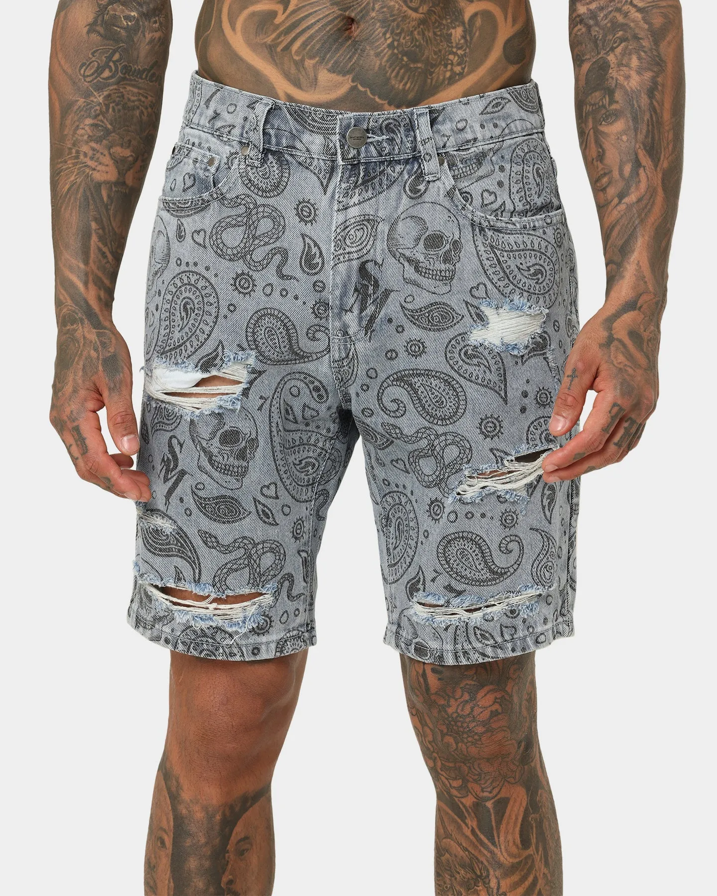 Saint Morta Paisley Skulls Denim Shorts Stone Wash Blue