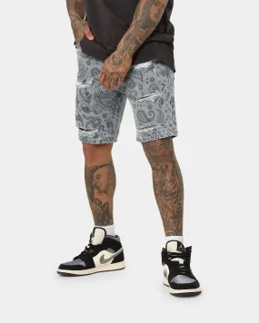 Saint Morta Paisley Skulls Denim Shorts Stone Wash Blue