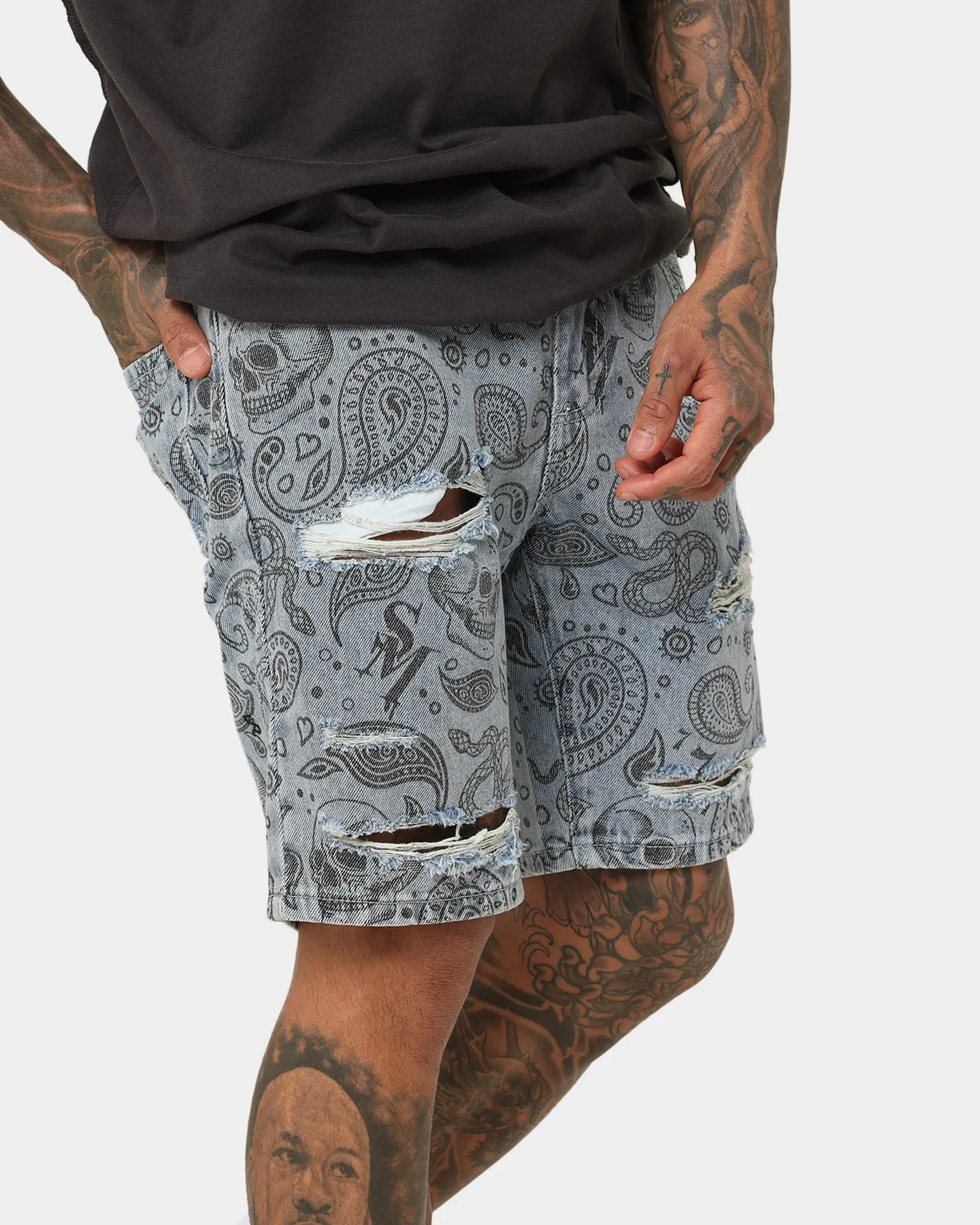 Saint Morta Paisley Skulls Denim Shorts Stone Wash Blue