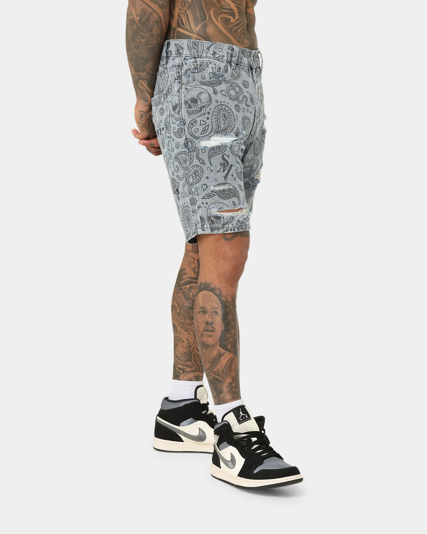 Saint Morta Paisley Skulls Denim Shorts Stone Wash Blue