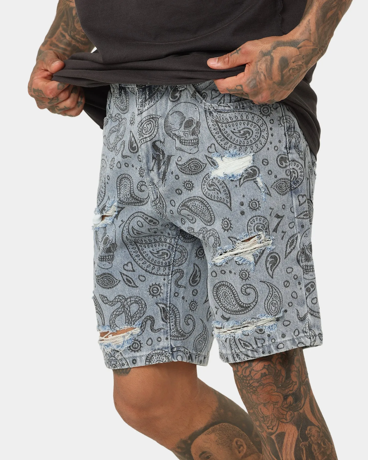 Saint Morta Paisley Skulls Denim Shorts Stone Wash Blue