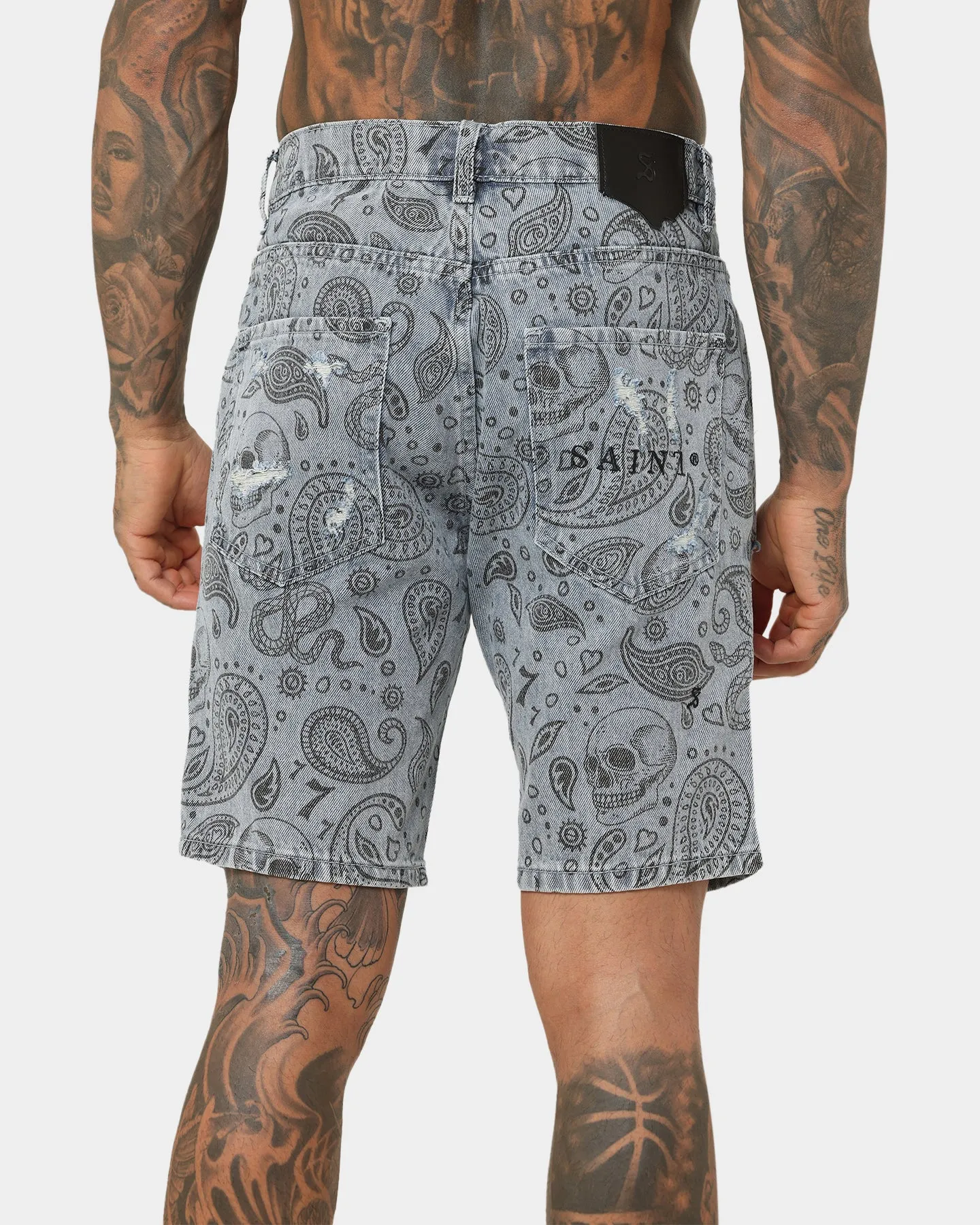 Saint Morta Paisley Skulls Denim Shorts Stone Wash Blue