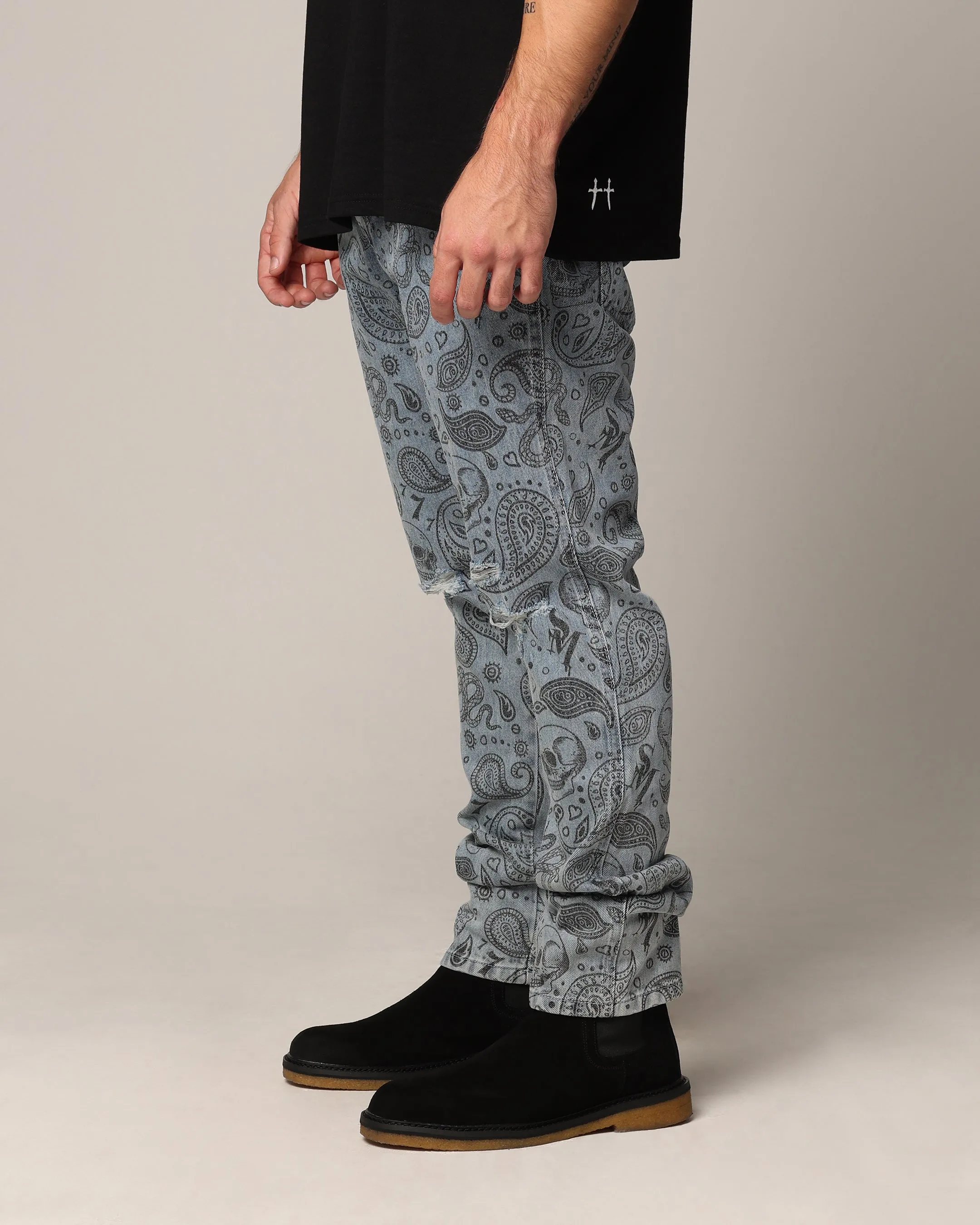 Saint Morta Paisley Skulls Jeans Stone Wash Blue