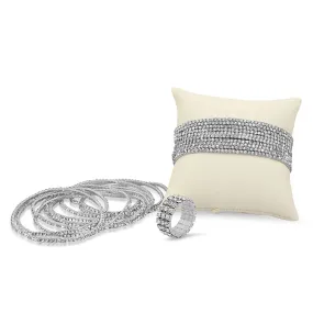 Set of 10 Sparkling Crystal Rhinestone Stacking Stretch Bracelets and one 3 Row Ring in Platinum overlay