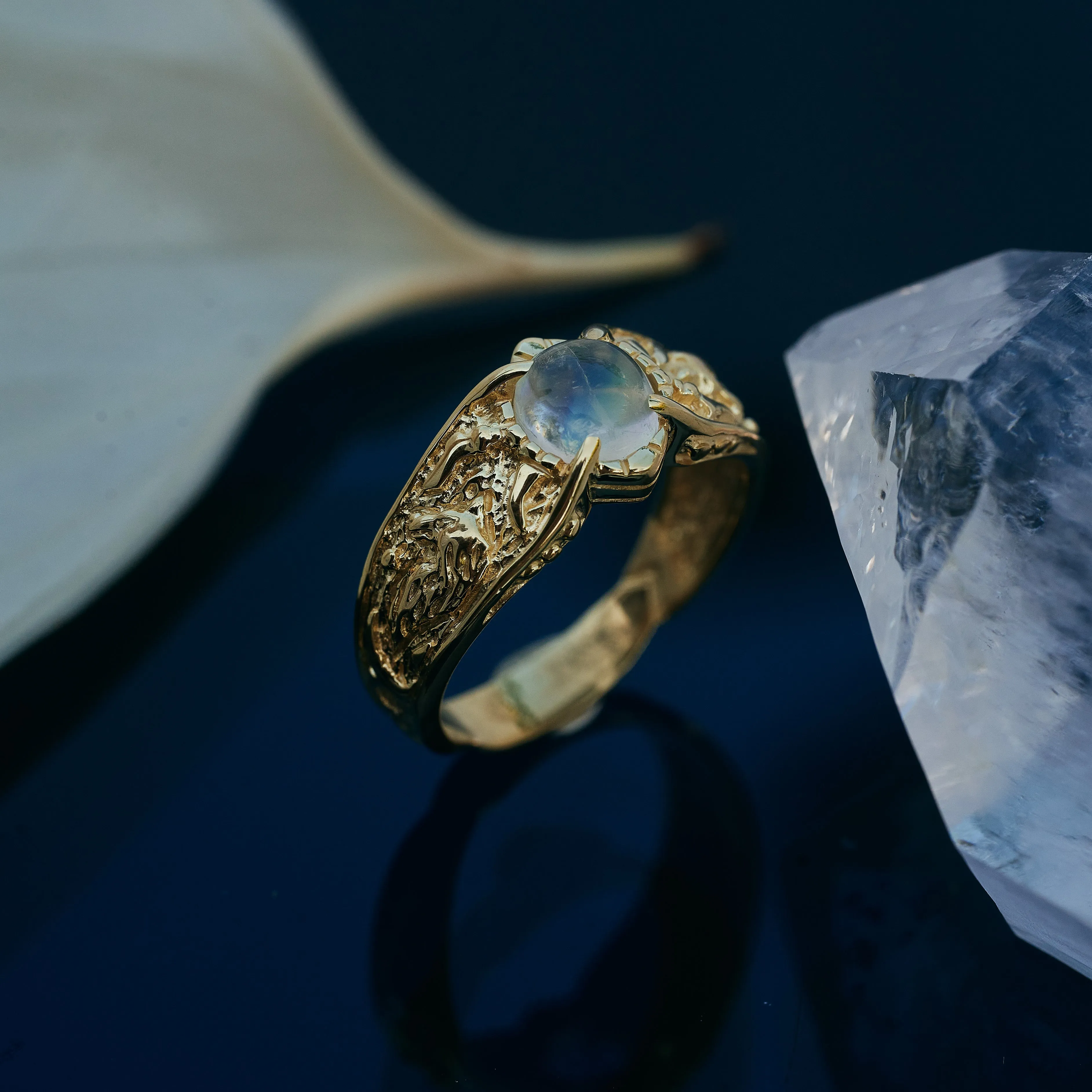Solid Gold Moonstone Engagement ring "Wolf"