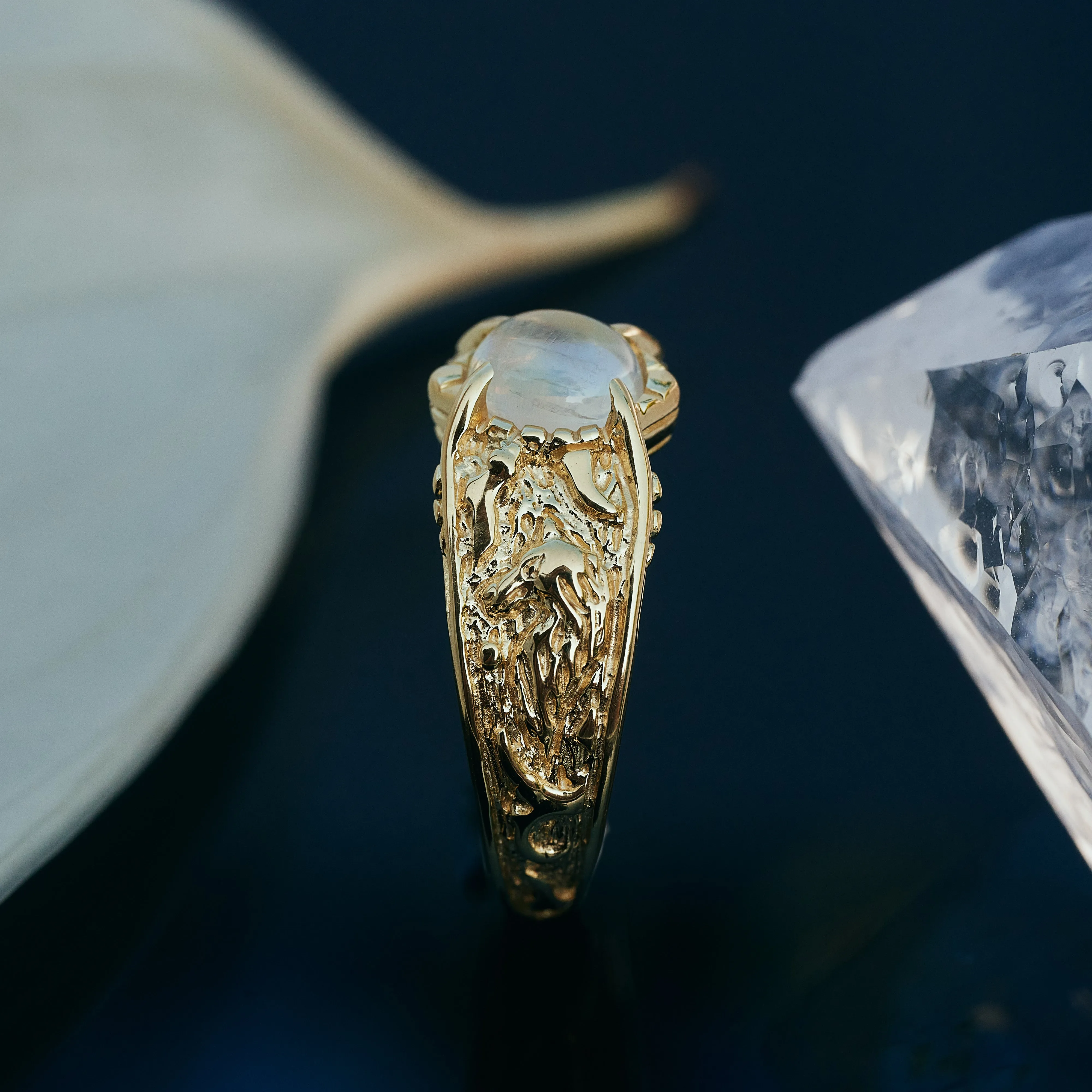 Solid Gold Moonstone Engagement ring "Wolf"