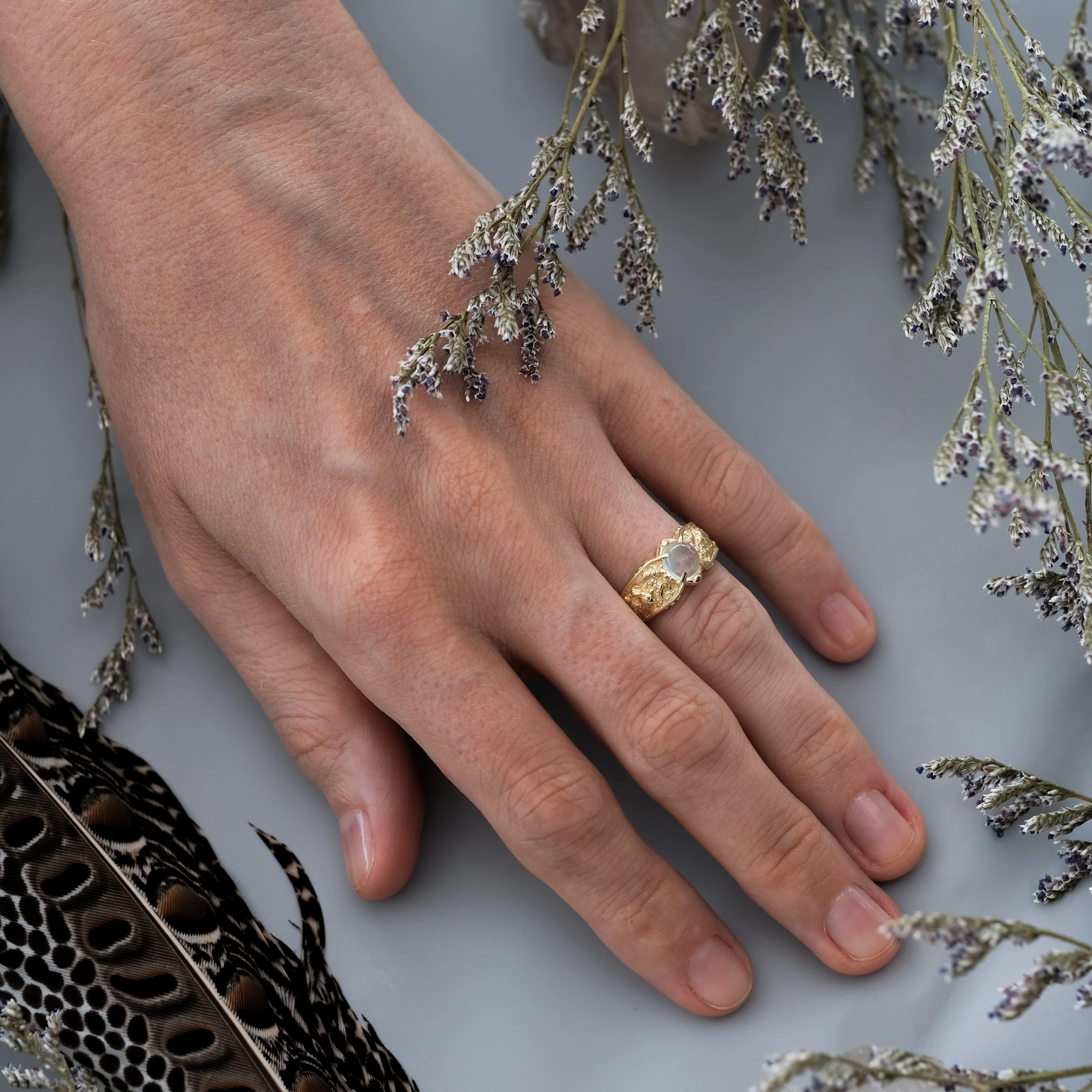 Solid Gold Moonstone Engagement ring "Wolf"