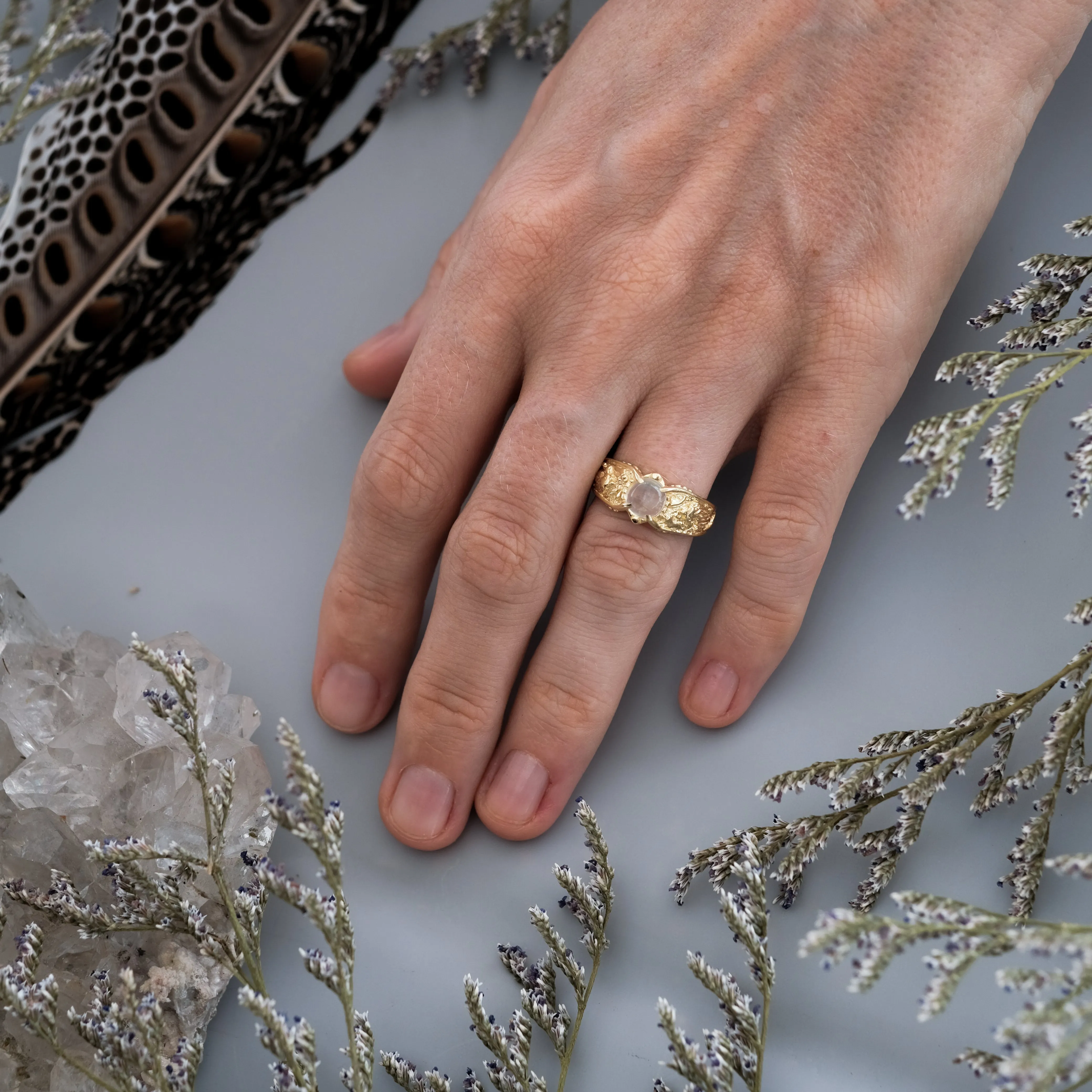 Solid Gold Moonstone Engagement ring "Wolf"