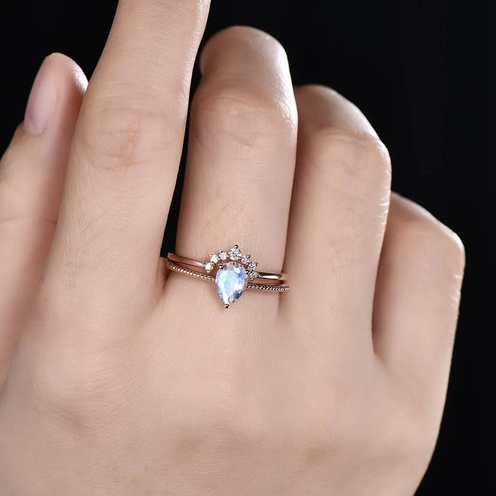Solitaire Rainbow Pear Moonstone Diamond Engagement Ring Set
