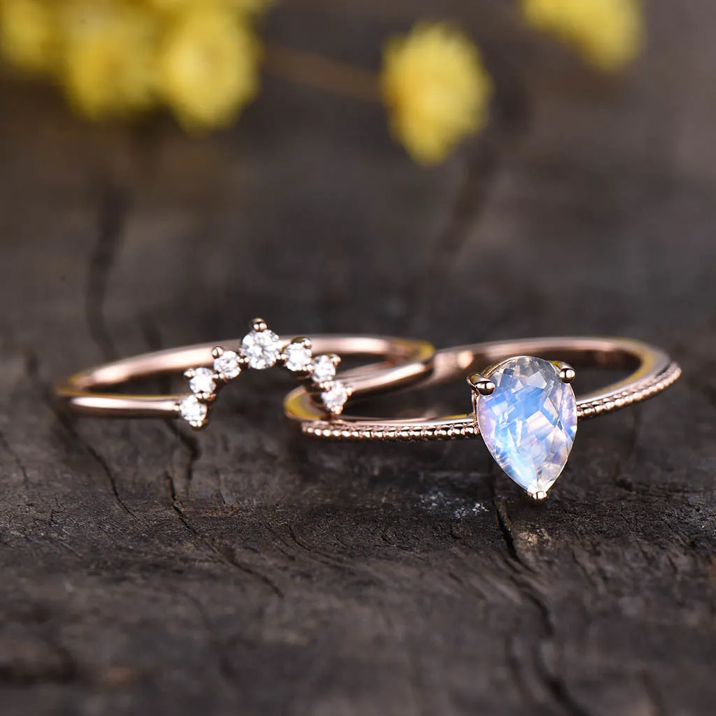Solitaire Rainbow Pear Moonstone Diamond Engagement Ring Set