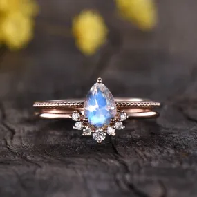 Solitaire Rainbow Pear Moonstone Diamond Engagement Ring Set