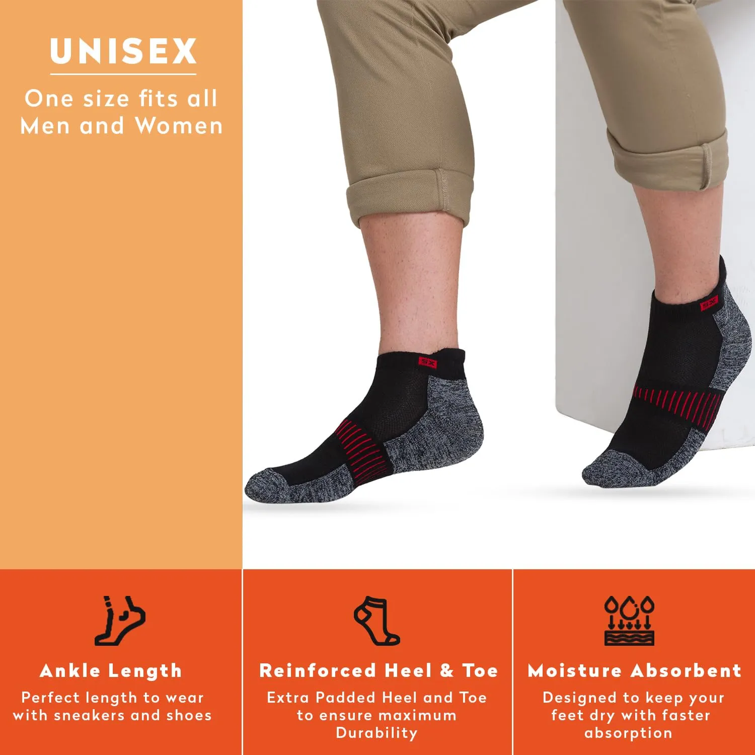 Supersox Ankle Socks for Men & Women (Unisex) - Pack of 3, Free Size (Black, White, Grey Melange)