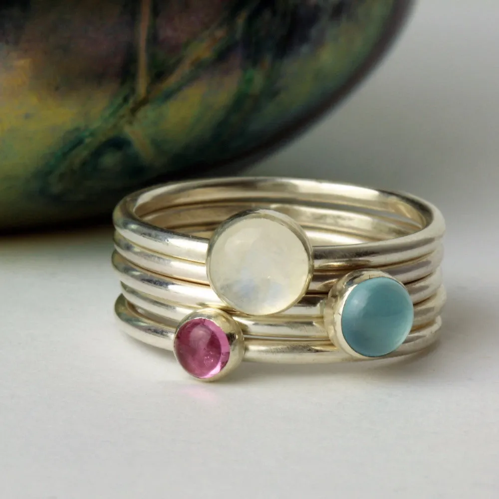 Sweet Pea Moonstone and Tourmaline stacking rings