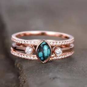 Turquoise Ring Vintage Turquoise Wedding Ring Set 4x6mm Marquise December Birthstone Unique Diamond Band Rose Gold Ring Set