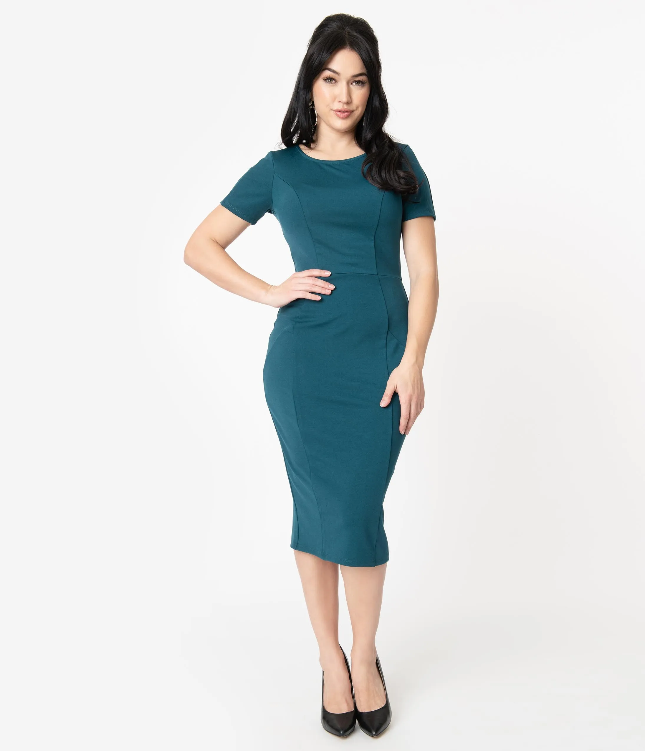 Unique Vintage 1960s Teal Short Sleeve Mod Wiggle Dress