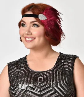 Unique Vintage Burgundy Feather & Silver Beaded Black Flapper Headband