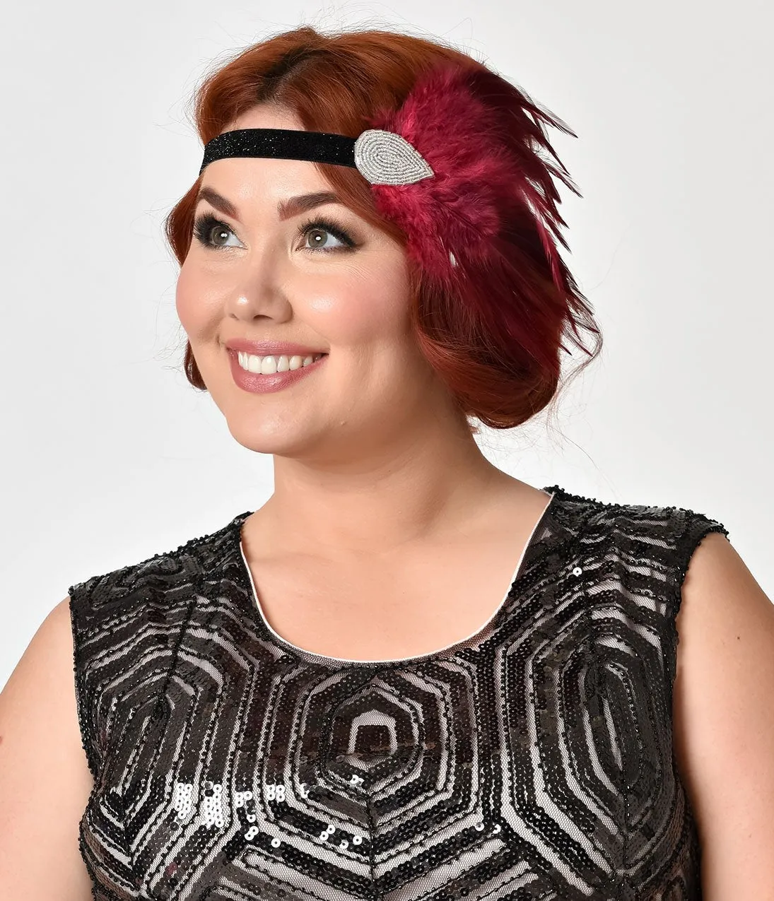 Unique Vintage Burgundy Feather & Silver Beaded Black Flapper Headband