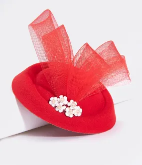 Unique Vintage Red Pillbox Sinamay & White Enamel Floral Fascinator