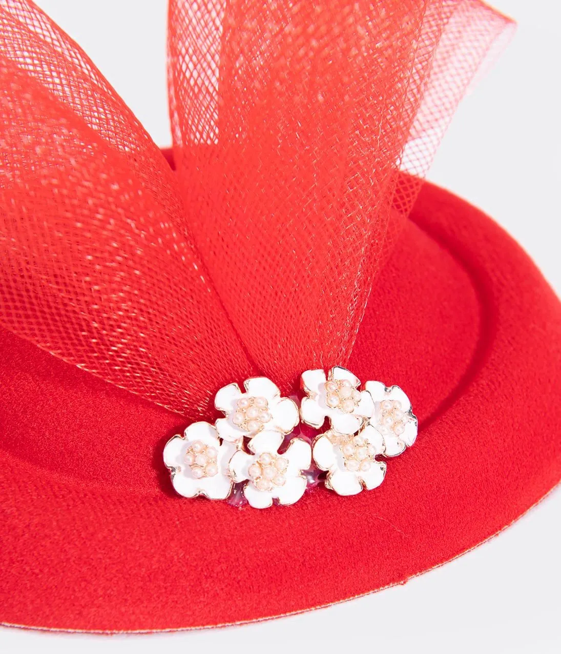 Unique Vintage Red Pillbox Sinamay & White Enamel Floral Fascinator