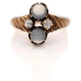Victorian Twin Moonstone and Mine Cut Diamond Engagement Ring