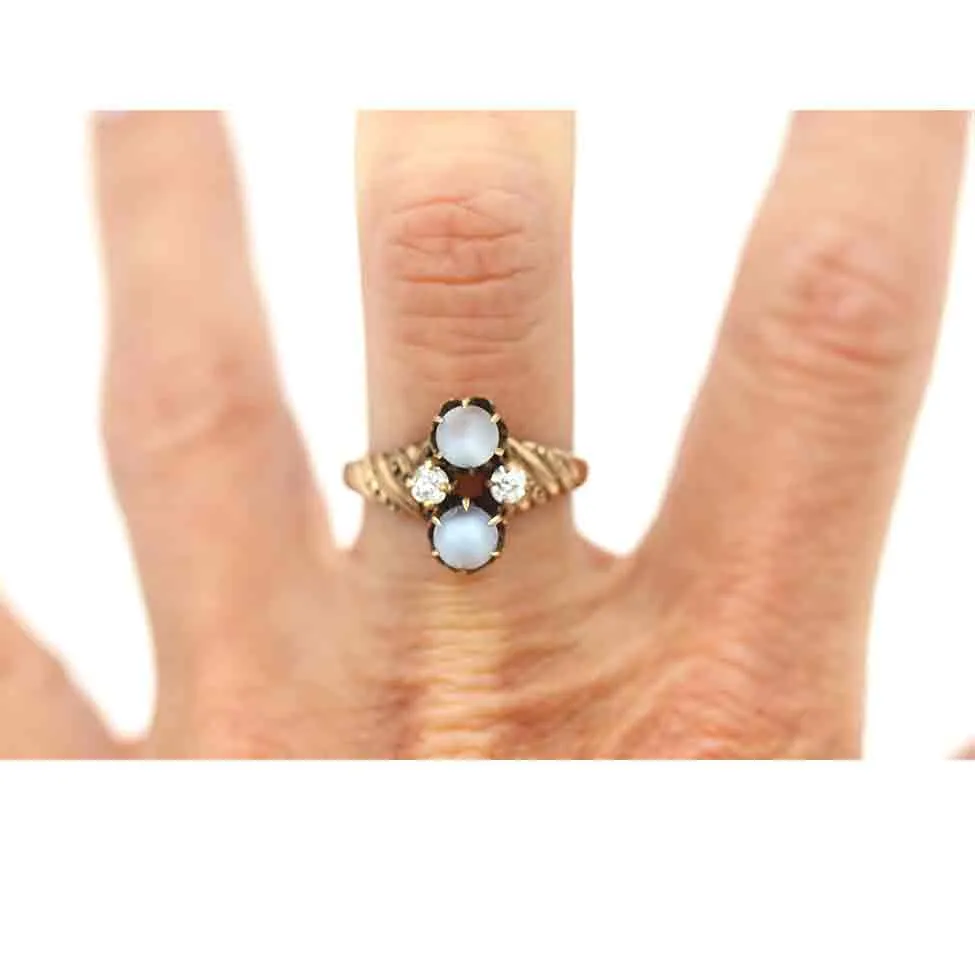 Victorian Twin Moonstone and Mine Cut Diamond Engagement Ring