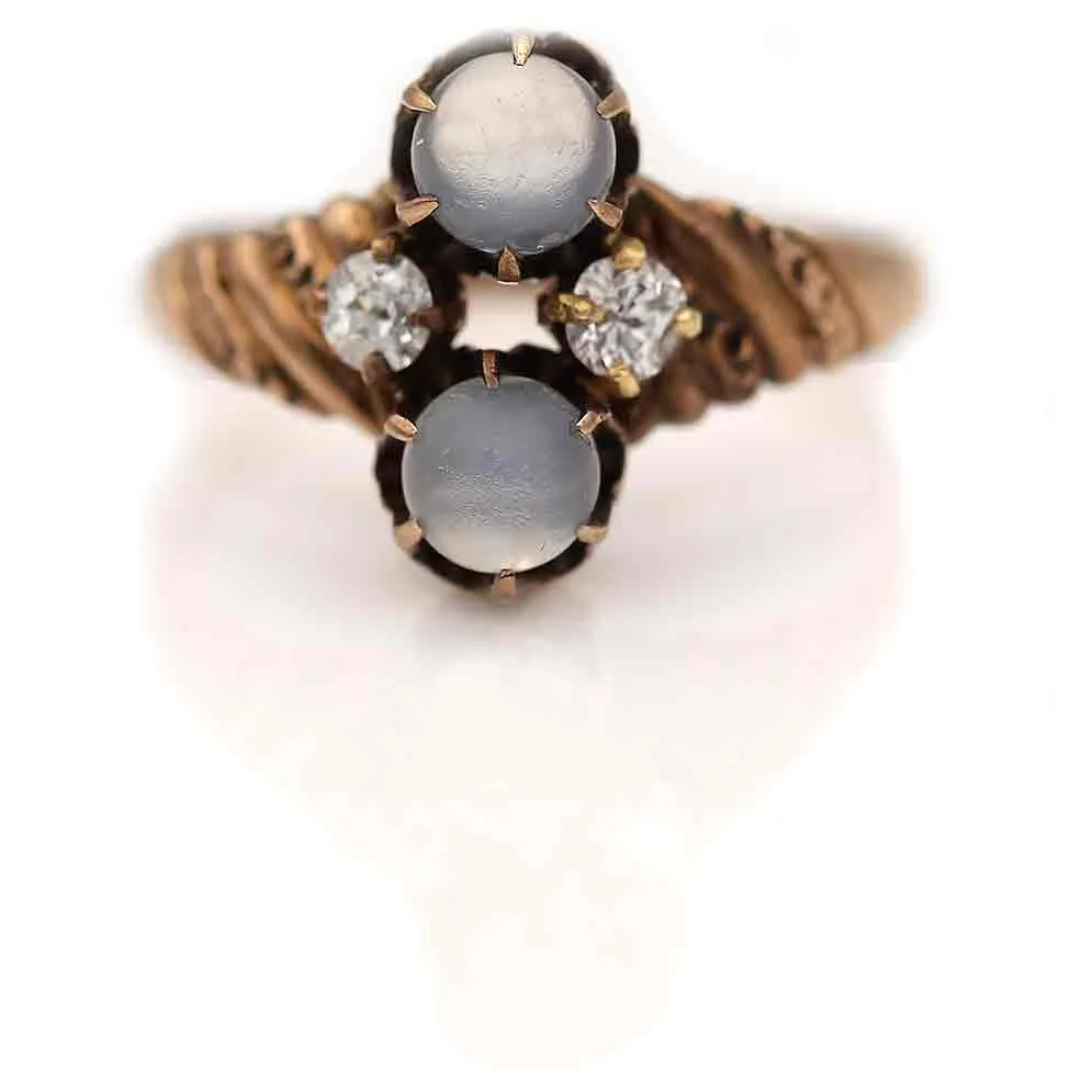 Victorian Twin Moonstone and Mine Cut Diamond Engagement Ring