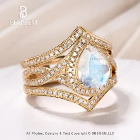 Vintage 3pcs Pear Moonstone Diamond Twisting Split Shank Bridal Cocktail Ring Set in 18k Yellow Gold 2.2 Carat
