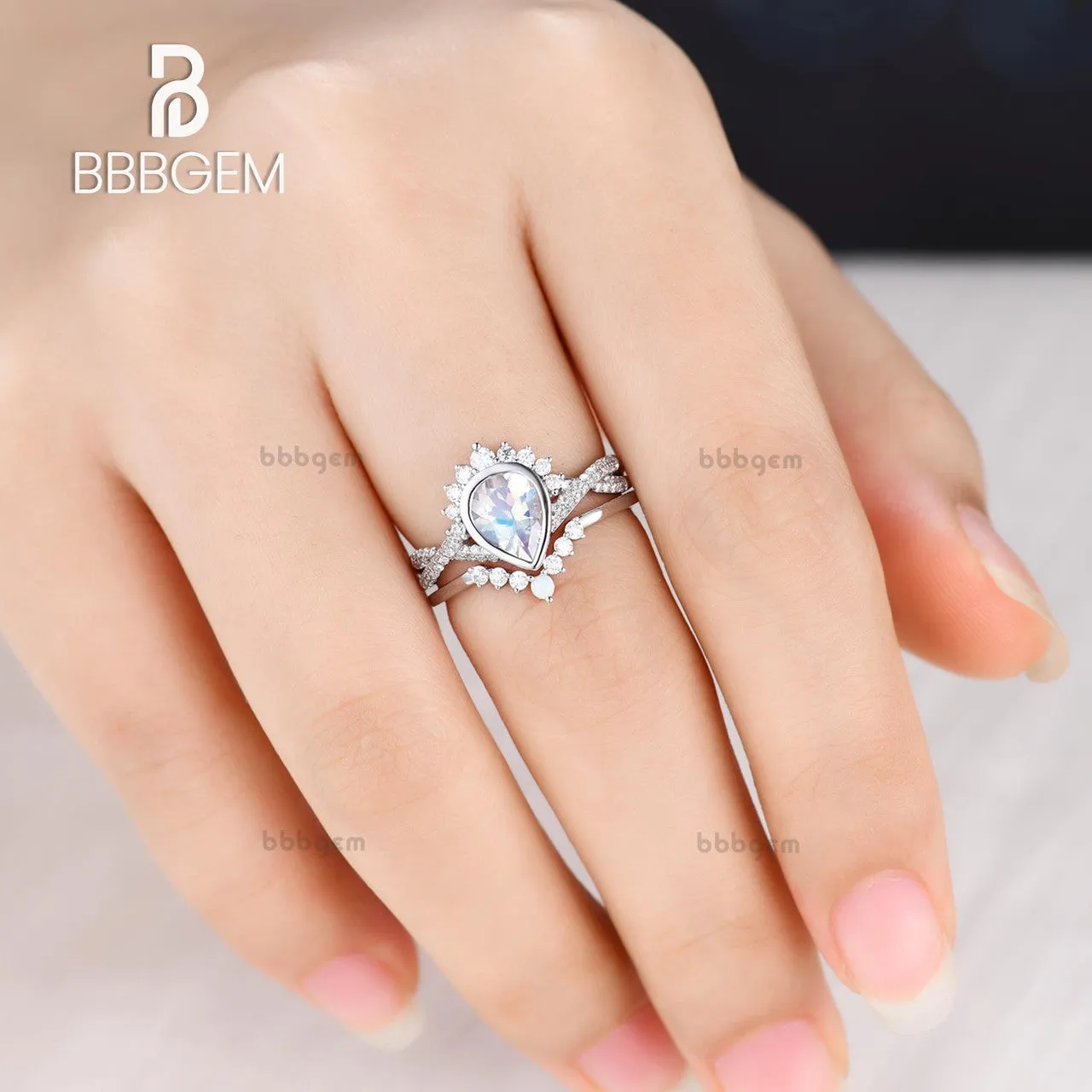 Vintage Moonstone Engagement Ring Set,Pear Shaped  With Twisted Band
