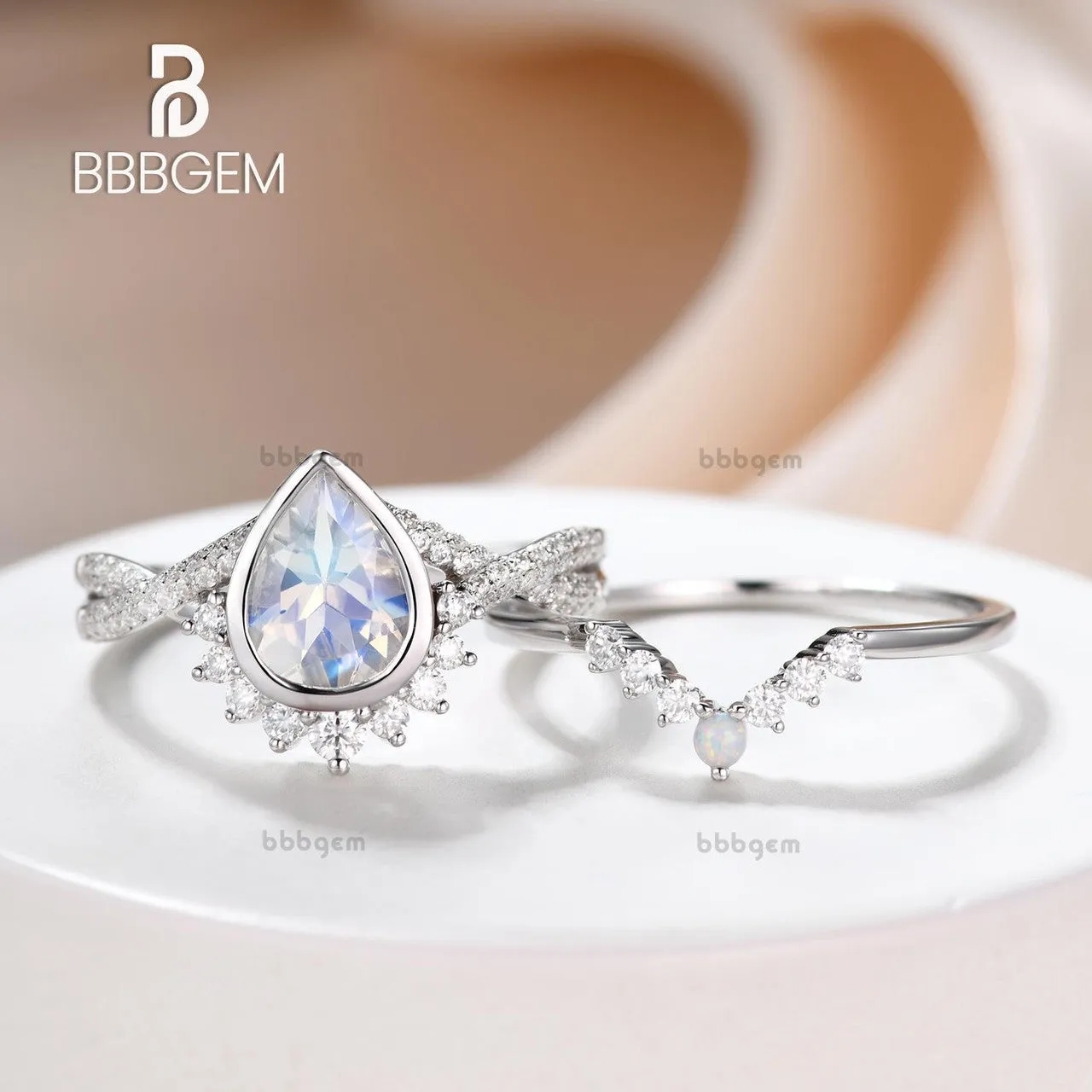 Vintage Moonstone Engagement Ring Set,Pear Shaped  With Twisted Band