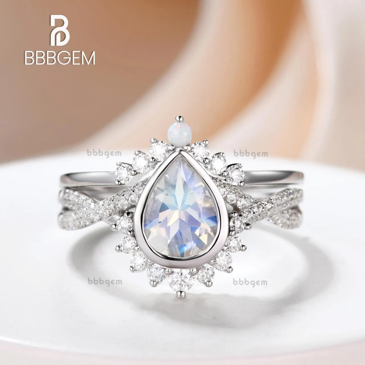 Vintage Moonstone Engagement Ring Set,Pear Shaped  With Twisted Band